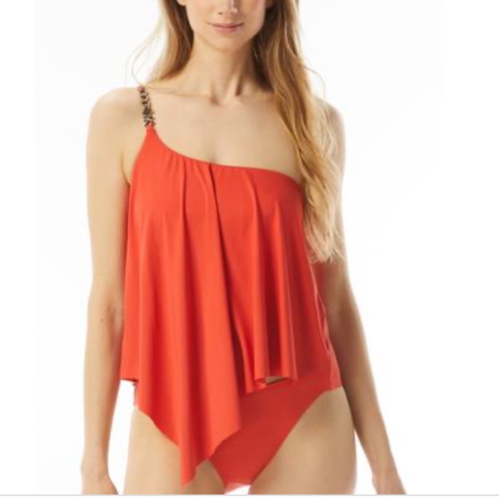 NWT Michael Michael Kors Women's Chain-Detail One-Shoulder Tankini - Ruby